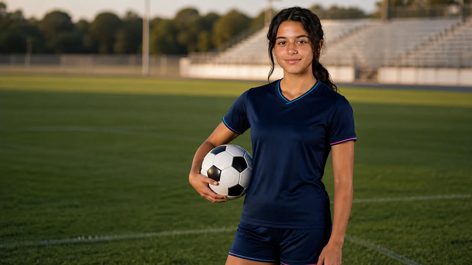 Illustrative demo athlete standing on a soccer field