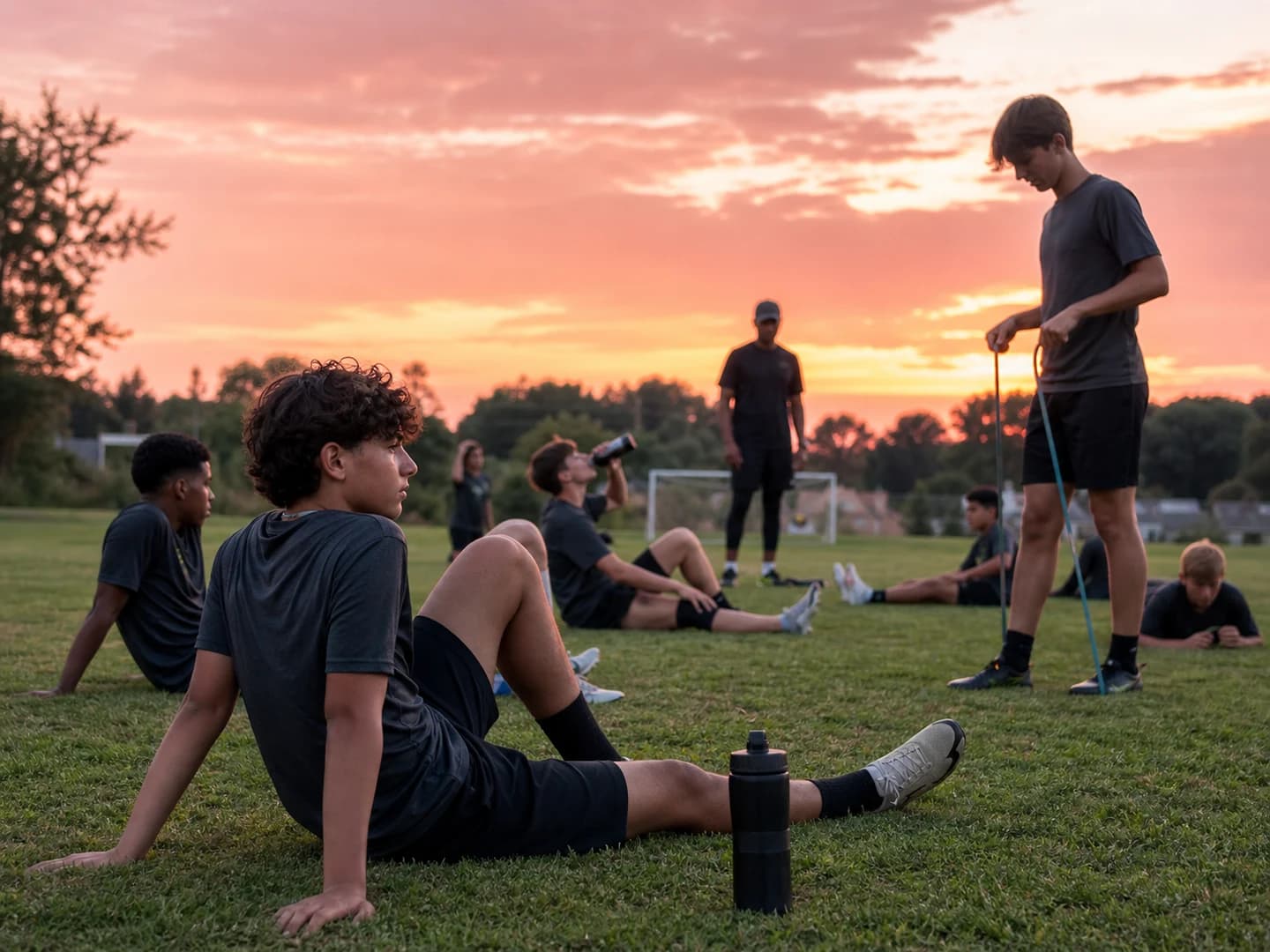 Illustrative demo players training together at sunset