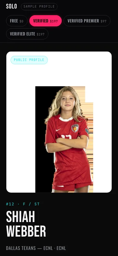SOLO sample public athlete profile shown in the real product surface